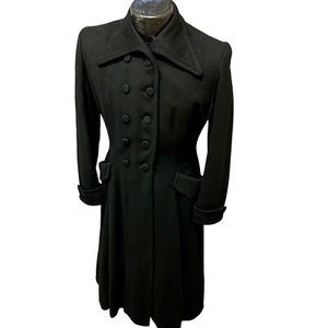 Vtg 1930 40's Croydon Black Wool TRENCH Coat 10 Btn ART DECO VICTORIAN Jacket S - Picture 1 of 15