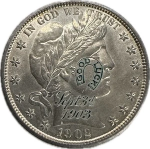 1902 Barber Half Dollar High Grade Uncirculated Engraved Good Luck Token - Picture 1 of 2