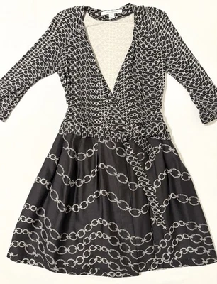 Diane Von Furstenberg DVF Wrap Dress Womens 10 Black Silk Jersey Surplice Chain - Image 1 of 4