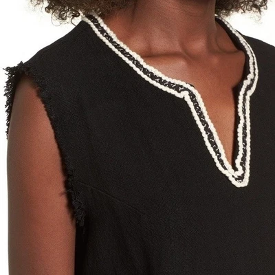 Moon River $79 Black Sleeveless Embroidered Fringe Linen Top Women's Size Small - Image 1 of 4