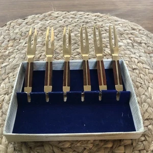Vintage Mid Century Modern Cocktail Vorspeise Gabelset Teak Griffe Messing 6 - Bild 1 von 3