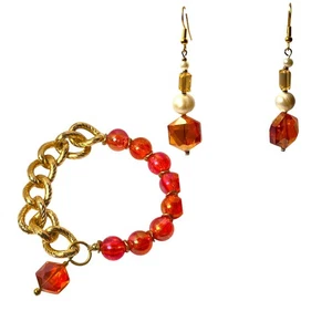 Set of 2 Womens Jewelry Bracelet Earrings Glass Beaded Pearl Chain Gold Handmade - Picture 1 of 9