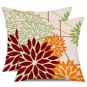 Red Orange Fall Pillow Cover 16X16 Inch Set of 2 Outdoor Waterproof Floral Or... - Picture 1 of 6