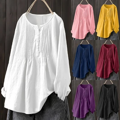 Womens Button Up Tunic Tops Ladies Long Sleeve Casual Plain Loose T-Shirt Blouse - Image 1 of 4