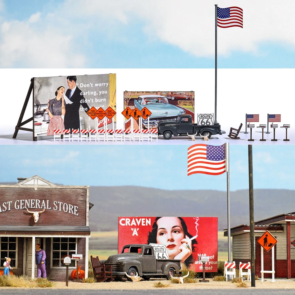 Busch HO Scale USA Scenery Details (Construction Signs, Mailboxes, Billboards) - Image 1 of 1