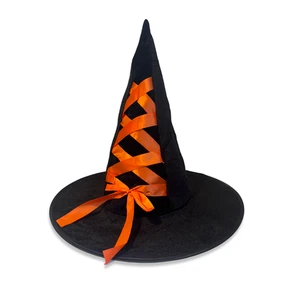 Halloween Witch Hat with Decorative Ribbon, Black Velvet, Cosplay Wizard Hat UK - Picture 1 of 5