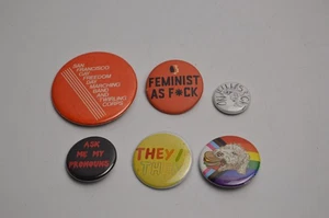 6 Vintage Gay Rights LGBTQ Pinbacks Buttons Pronouns Feminist San Francisco - Picture 1 of 7