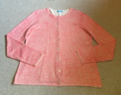 Suéter feminino-J. McLAUGHLIN-coral/marfim estampado algodão botão-para baixo preppy-L - Imagem 1 de 4