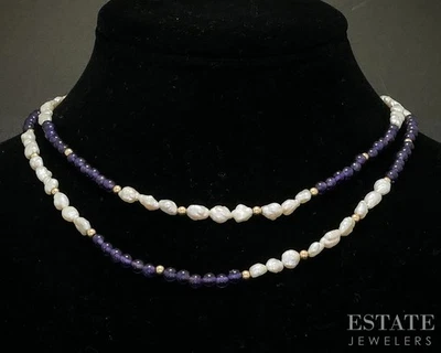 14k Yellow Gold 5mm Freshwater Pearl & Amethyst Beaded Necklace 32"L i20167b - Image 1 of 4