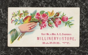 Victorian Trade Card Mr & Mrs A C Bradford's Millinery Store Barre VT 3.5 x 2 - Imagen 1 de 2