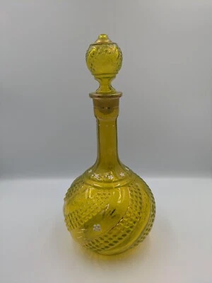 Vintage Yellow Vaseline 1920s 30s Glass Decanter Hand Painted Gold Rare Stopper - Image 1 of 4