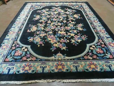 8' x 10' Vintage Handmade Art Deco Plush Chinese Wool Rug center Flower Black - Image 1 of 4