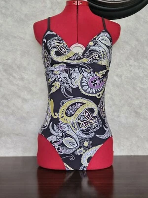 Maiô Athleta cinza multicolorido paisley alça cruzada peça única. Tamanho 2 - Imagem 1 de 4