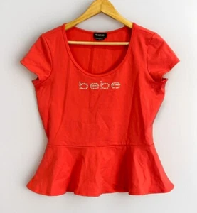 bebe Women's retro design red embellished peplum stretch jersey Top L/12-14 (206 - Picture 1 of 6