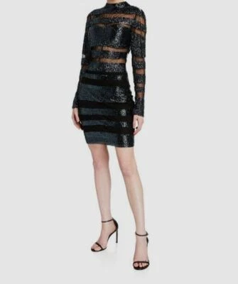 $850 Jovani Fashions Women's Black Mock Neck Beaded Stripe Bodycon Dress Size 4 - Image 1 of 4