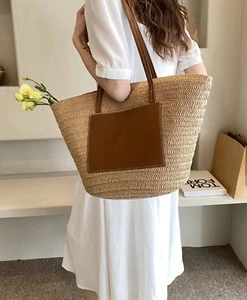 NWT Straw Woven Tote with Leather Straps, Rattan Shoulder Bag - Picture 1 of 9