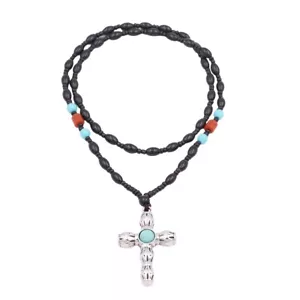 Turquoise Cross Necklace Religious Crucifix Pendant Beaded Chain For Womens Mens - Picture 1 of 6