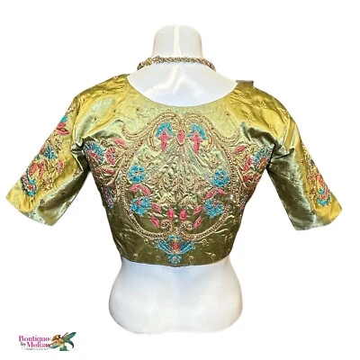 Blusa nupcial verde ajustable con cuentas hechas a mano de seda sari hecha a mano Foto 1 de 4