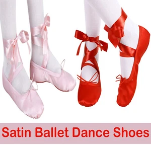 Satin Ballet Shoes with ribbons Ballet Dance shoes Split sole For Kids Adults - Picture 1 of 6