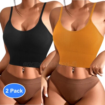 Women Seamless Padded Bralette Crop Tank Crop Top Yoga Sports Ribbed Cami Vest - Image 1 of 4