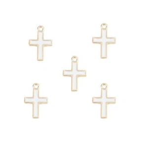 Enamel & Alloy Cross Charms Gold/White 10.5x16.5mm Pack Of 5 - Picture 1 of 1