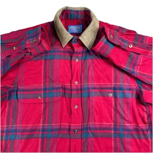 Pendleton Wool Flannel Button Up Small Shirt Red Madras Plaid Suede Collar USA - Picture 1 of 16