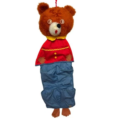 Vintage Nursery Diaper Organizer 1980s Teddy Bear Red Denim Hanging Toddler Room - Image 1 of 4