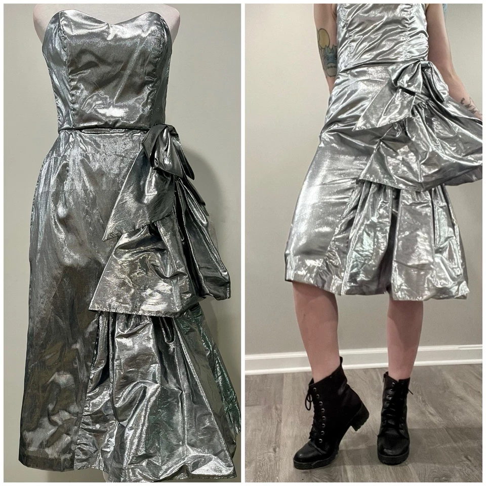 Vestido formal vintage de 1980 Zum Zum plateado metálico - pequeño Foto 1 de 4