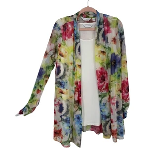 Susan Graver 2-teiliges Set Strickjacke Tank Gr. Large weiß Chiffon bunt geblümt - Bild 1 von 11