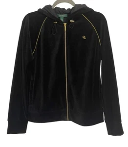 Ralph Lauren Black Velour Zip Hoodie Gold Detail Cotton Blend With Pockets Sz M - Picture 1 of 6