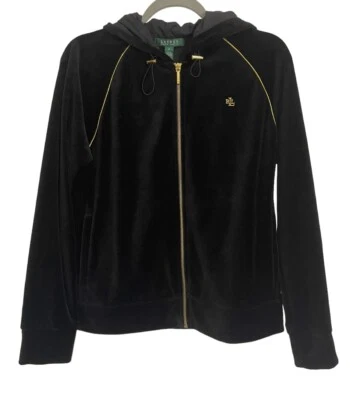 Ralph Lauren Sudadera con Capucha Terciopelo Negro Cremallera Detalle Dorado Mezcla de Algodón Con Bolsillos Talla M Foto 1 de 4
