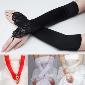 1 Paar Damen Party fingerlos Abend Oper Satin fingerlos Spitze Perlen Handschuhe - Bild 1 von 10