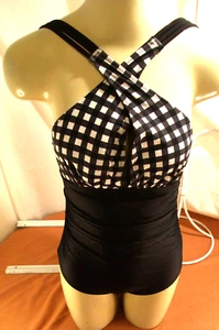 Badeanzug CUPSHE Gingham & massiv gerissen gekräuselt einteilig schwarz/weiß neu mit Etikett Größe S - Bild 1 von 13