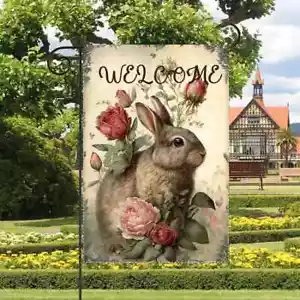 Welcome Bunny Spring Burlap Garden Flag Vintage Style - Picture 1 of 3