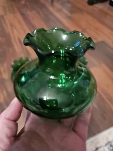 Vintage Anchor Hocking Forest Green Ruffled Edge Bud Bulb Glass Vase 3” - Picture 1 of 6