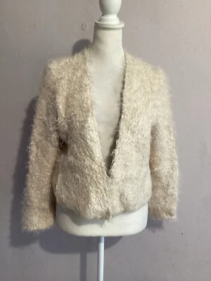 Cárdigan tejido y anudado marfil piel sintética peludo frente abierto mezcla de lana algodón M Foto 1 de 4