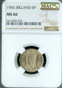1956 IRELAND 6 PENCE MS66 PQ 2ND FINEST GRADE MAC SPOTLESS * - Picture 1 of 2
