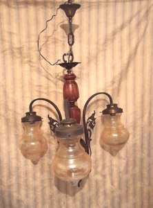 antico lampadario Liberty bronzo dorato legno ampolle vetro fiori opz. appliques - Foto 1 di 12