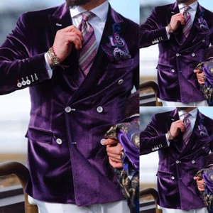 Dark Purple Men's Velvet Jacket Peaked Lapel Double Breasted Suit Groom Blazers - Picture 1 of 14