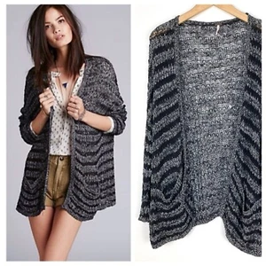 Free People XS Last Night Gray Stripe Open Front Oversized Fit Cardigan Sweater - Picture 1 of 9