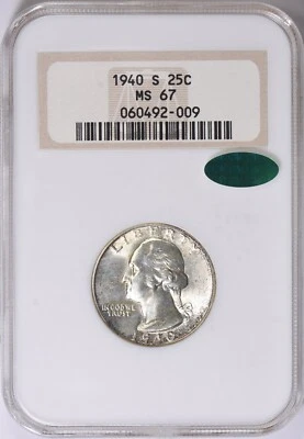 1940-S WASHINGTON QUARTER NGC MS67 CAC - Image 1 of 3