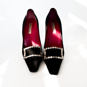 Vtg Oscar de la Renta Crystal Jewel Embellishment Heels Pumps, Black Satin, 37 - Picture 1 of 8