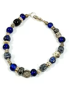 Artisan Silver Tone Blue Glass Bead Sun Moon Flower Bracelet 7 inches - Picture 1 of 7