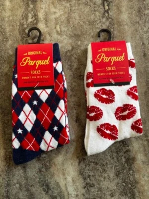NWT- 2 Pairs Womens Socks Sz 9-11, 1 Pair Red Lips/Kisses, 1 Pair Red/White/Blue - Image 1 of 2