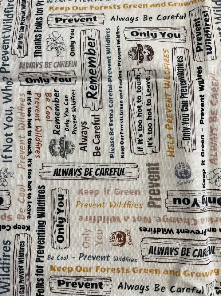 SMOKEY THE BEAR Cotton Quilt fabric 2019 Riley Blake Cream Park Signs Text 26x44 - Image 1 of 3