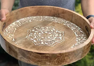 16 Inch Carved Rustic Round Tray Wood Serving Tray console tray Farmhouse Decor - Picture 1 of 7