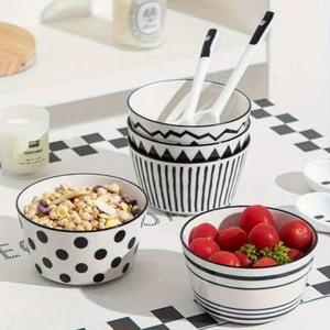 5 schwarze weiße Schüssel Schalen Set geometrisch Keramik Tisch Steinzeug Suppe Müsli UK - Bild 1 von 10