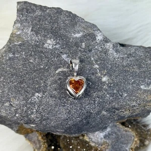 Sterling Silver & Orange Stone Dainty Heart Pendant - Picture 1 of 5