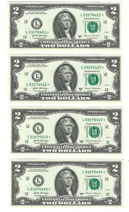 2017A $2.00 Bills 4 Consecutive Uncirculated Star Notes L-03276421*-22*-23*-24* - Picture 1 of 2