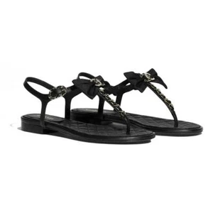 Chanel 20A Black Crystal Bow Lambskin CC Logo Mule Slide Flat Thong Sandal 39.5 - Picture 1 of 12